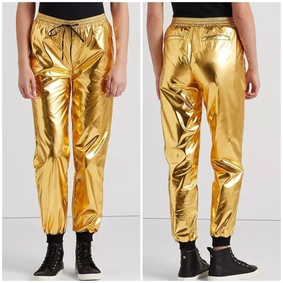RALPH LAUREN Women's Gold Metallic Taffeta Jogger Track Pants Size 12 NWT $225 - Picture 1 of 11